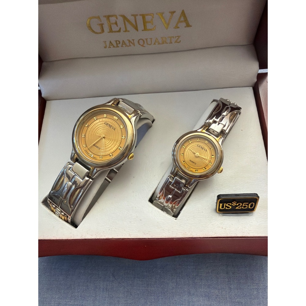 Geneva Japan Quartz Two Tone Watch Set Silver Gold Matching Couple Watches Boxed